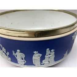 Wedgwood blue Jasperware salad bowl with silver plated collar and matching servers, bowl D22.5cm