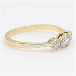 Early 20th century gold diamond ring, milgrain set with three old cut diamonds, stamped 18c Plat, total diamond weight approx 0.25 carat