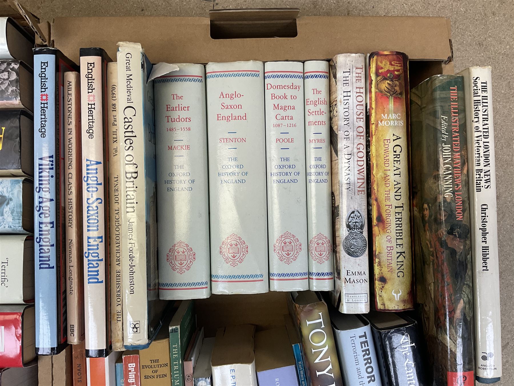 Collection of various history books to include world wars, tudors, vikings, anglo saxons and a number of political books, three boxes  