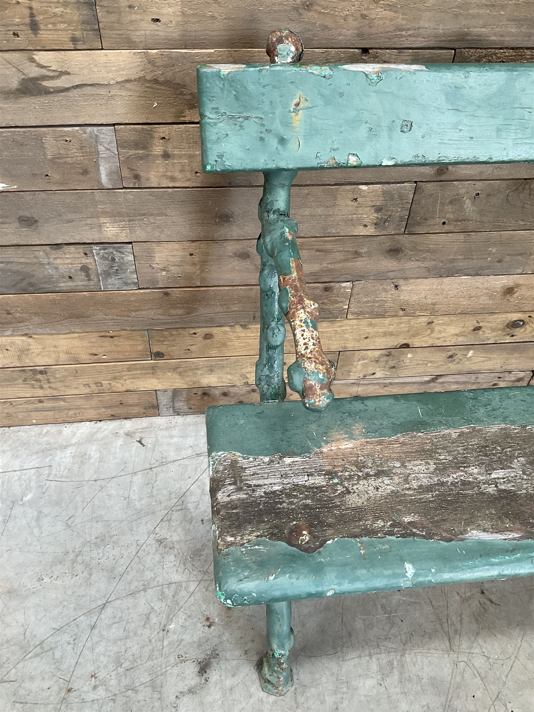 Early 20th century cast iron framed faux bois garden bench, timber seat and back rest