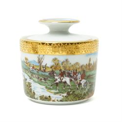 Limoges  coffee set decorated with hunting scenes within a gilt border comprising twelve cups and saucers, coffee pot, cream jug and sugar bowl