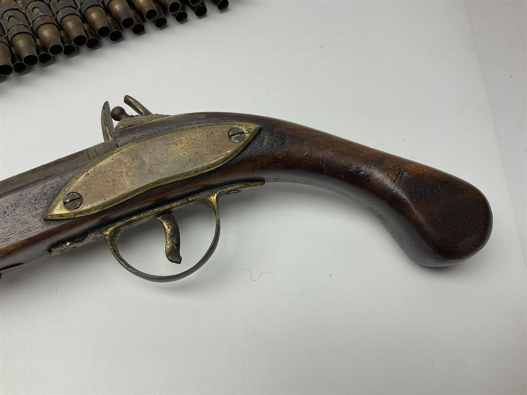 Leather covered swagger/sword stick with 40cm steel blade L62cm overall; another ash sword stick with 30cm diamond section steel blade; pair of fencing foils, the blades marked Solingen; two reproduction flintlock pistols; and 92cm inert cartridge belt (7)