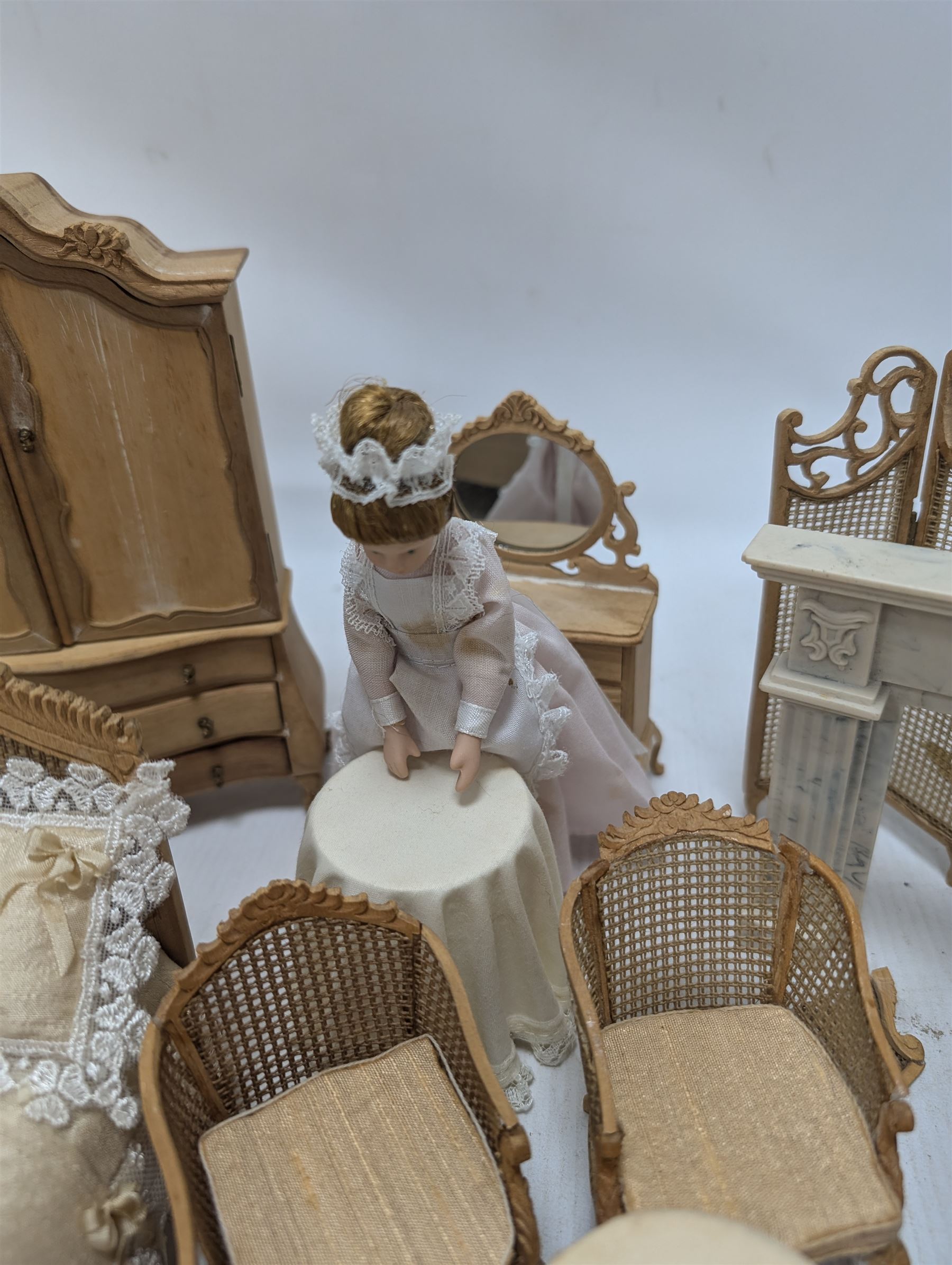 Dolls house bathroom and bedroom furniture, including bed, wardrobe, dresser filled with toiletries, shower, five figures, etc 