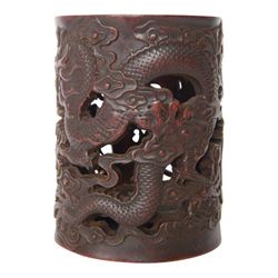 Carved brush pot, decorated with dragon and ho ho bird, H17cm