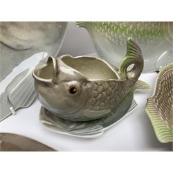 Shorter & Son six fish plates, together with a larger platter and sauce boat and saucer, all with stamped marks beneath