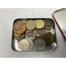 Great British and World coins, including pre decimal pennies, threepences, shillings etc, commemorative crowns, Queen Elizabeth II 1994 fifty pence in card folder, small number of Euro coins, pre Euro coinage etc and various badges or medals, in one box