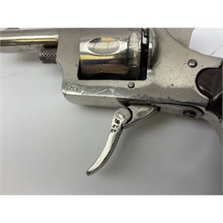 Early 20th century Flobert 5mm blank firing revolver with six-shot chamber, top venting, nickel plated with folding trigger No.118 L12.5cm overall; replica non-firing 'British Bulldog' revolver; and Windproof gas lighter inscribed 'Revolver-99 Spring and Autumn' in holster marked 'Star-Line'