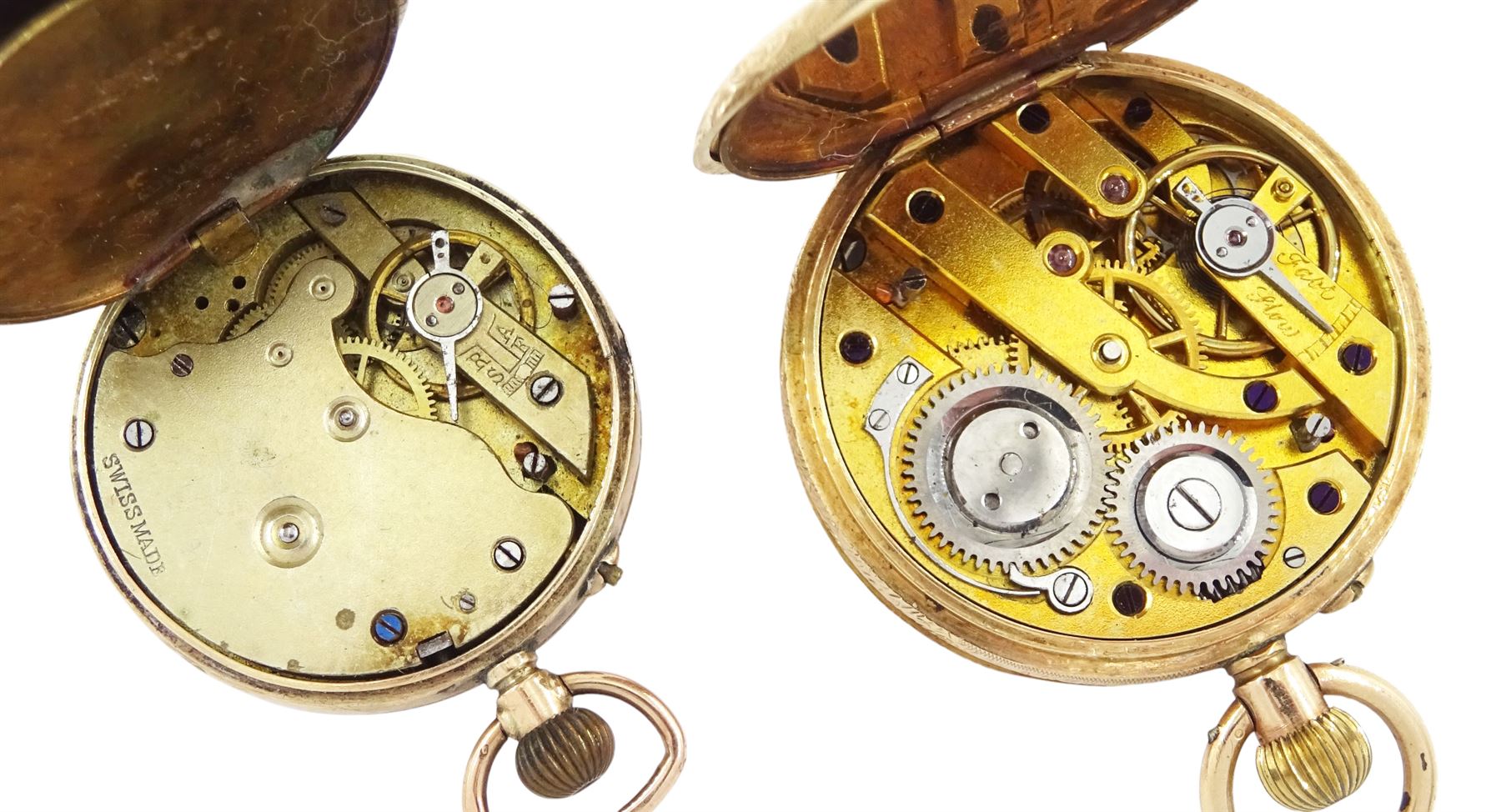 Early 20th century 14ct gold fob watch with a white enamel dial and a smaller 9ct gold keyless fob watch, both with keyless cylinder movements