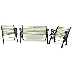 Cast iron garden bench, painted timber slats (W127cm) and pair of matching armchairs (W63cm)
