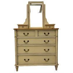 Laura Ashley pine and cream finish vanity chest, fitted with two short and three long drawers, swing mirror back
