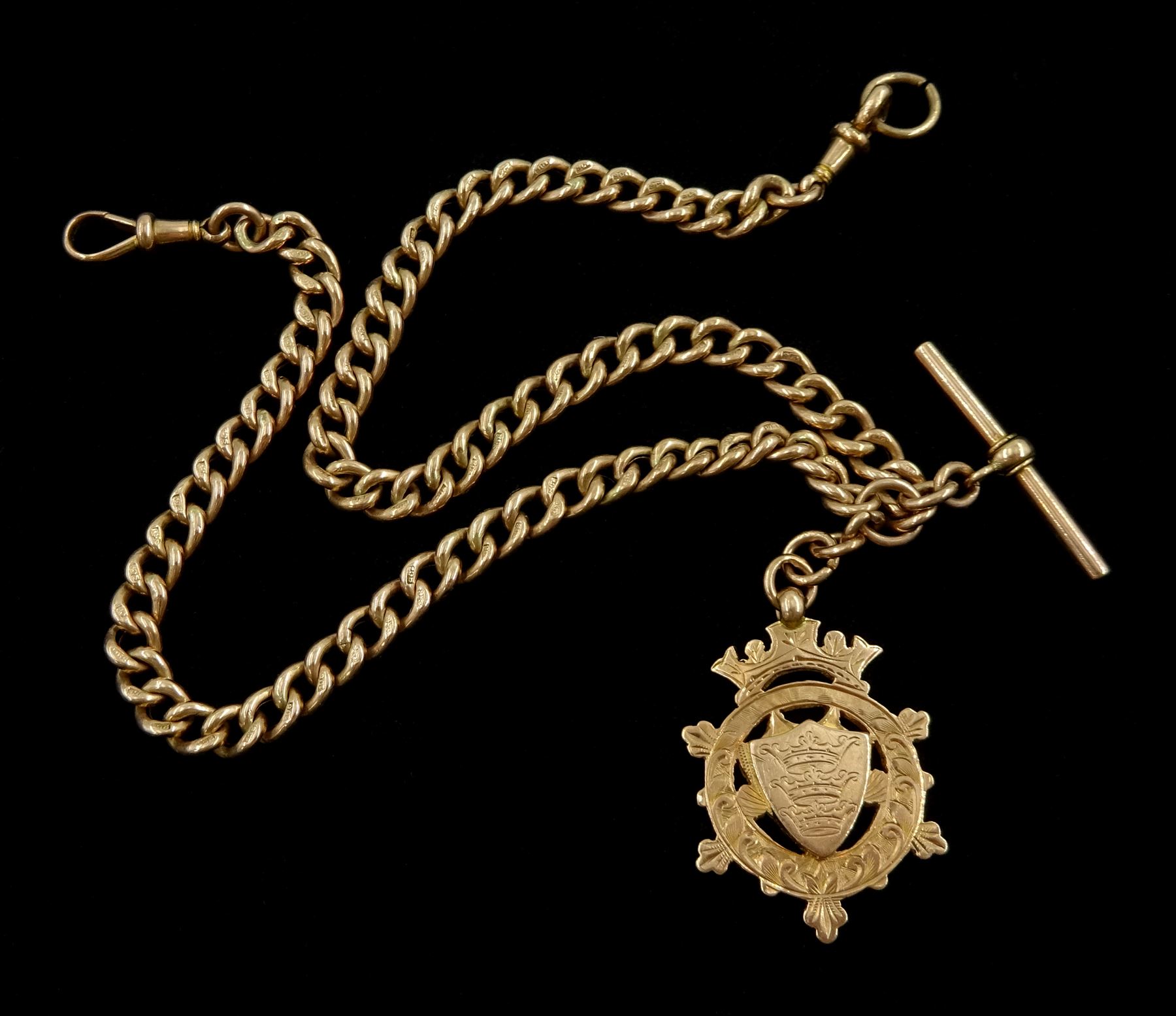 Early 20th century 9ct rose gold Albert chain, with 9ct gold fob Chester 1913 and one other Edwardian silver fob