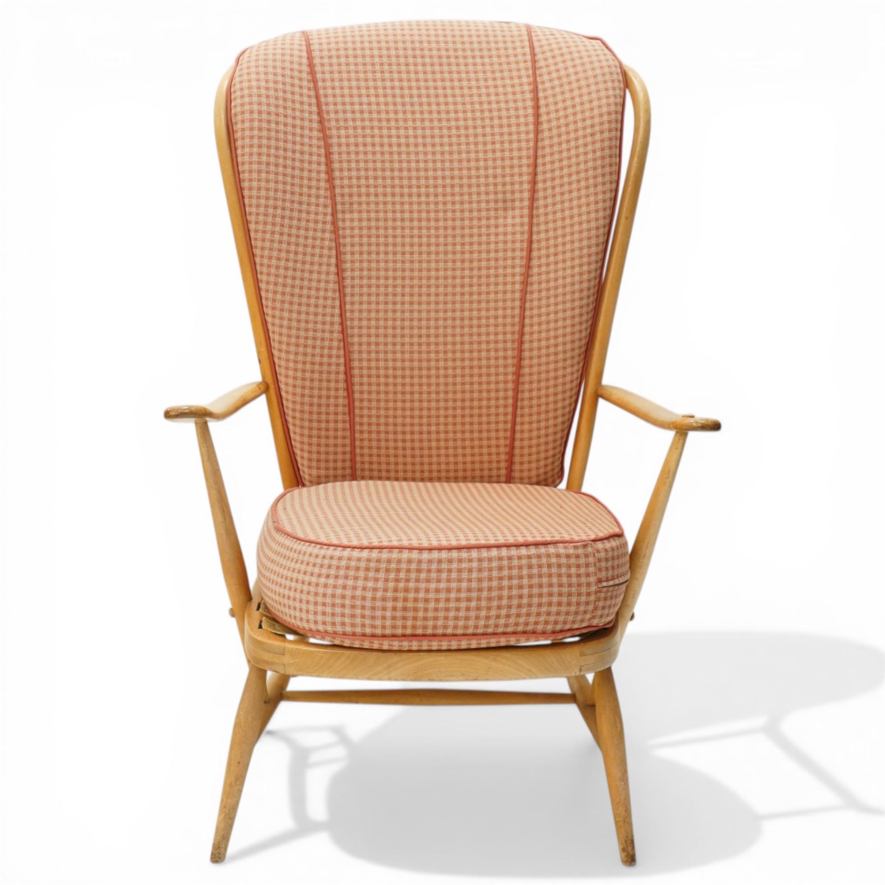 Ercol - Model 478 evergreen light elm and beech armchair, hoop back design curved arms, two crimson checked loose cushions, raised on tapering legs with H-stretcher