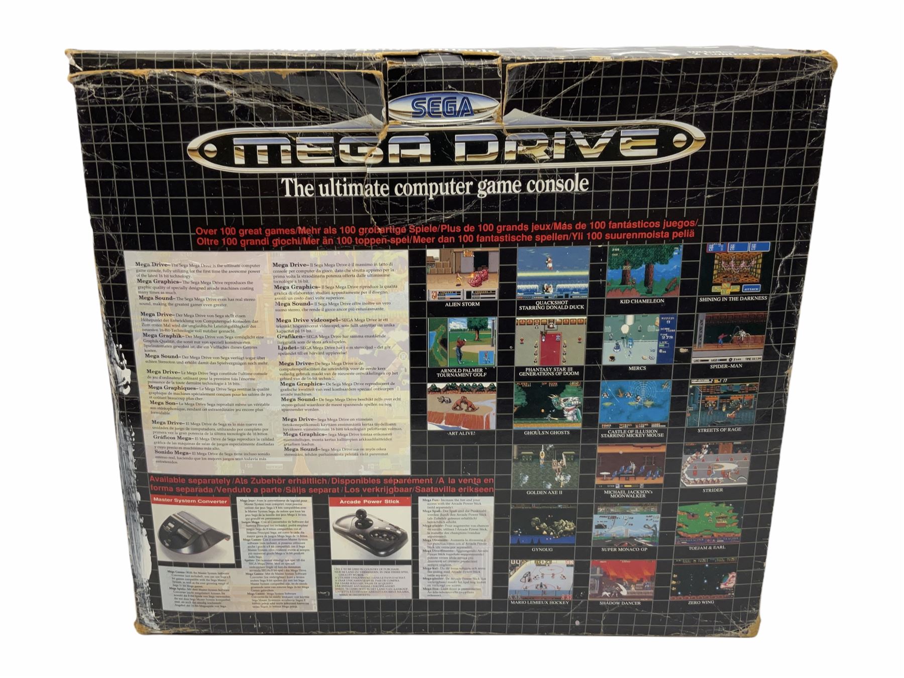 1990s Sega Megadrive 16bit games console with five games comprising Sonic the Hedgehog, Fifa International Soccer, Mickey Mouse Castle of Illusion, MicroMachines 2 Turbo Tournament and 1994 Lillehammer Winter Olympics, boxed with instructions