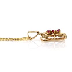 9ct gold three stone ruby butterfly pendant necklace, hallmarked