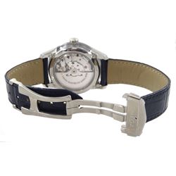 Omega De Ville Hour Vision gentleman's stainless steel automatic wristwatch, Cal. 8900, Ref. 433.33.41.21.03.001, serial No. 87712187, blue dial with date aperture, on original blue leather strap and stainless steel foldover clasp, boxed with papers and warranty card dated 2020