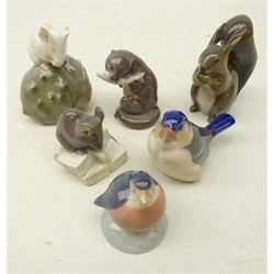  Six Royal Copenhagen miniature animals Squirrel 982, Mouse 570, Robin 2238, Finch 1040, Otter 2333 and Mouse on Chestnut 511 (6)  