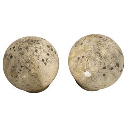 Pair of cast stone spherical ball garden finials or gate post tops