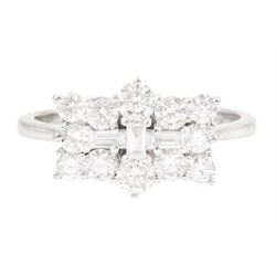 Platinum round brilliant cut and baguette cut diamond cluster ring, hallmarked, total diamond weight approx 1.00 carat