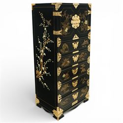 Japanese Shibayama style black lacquered curio chest, cupboard doors enclosing four short ...