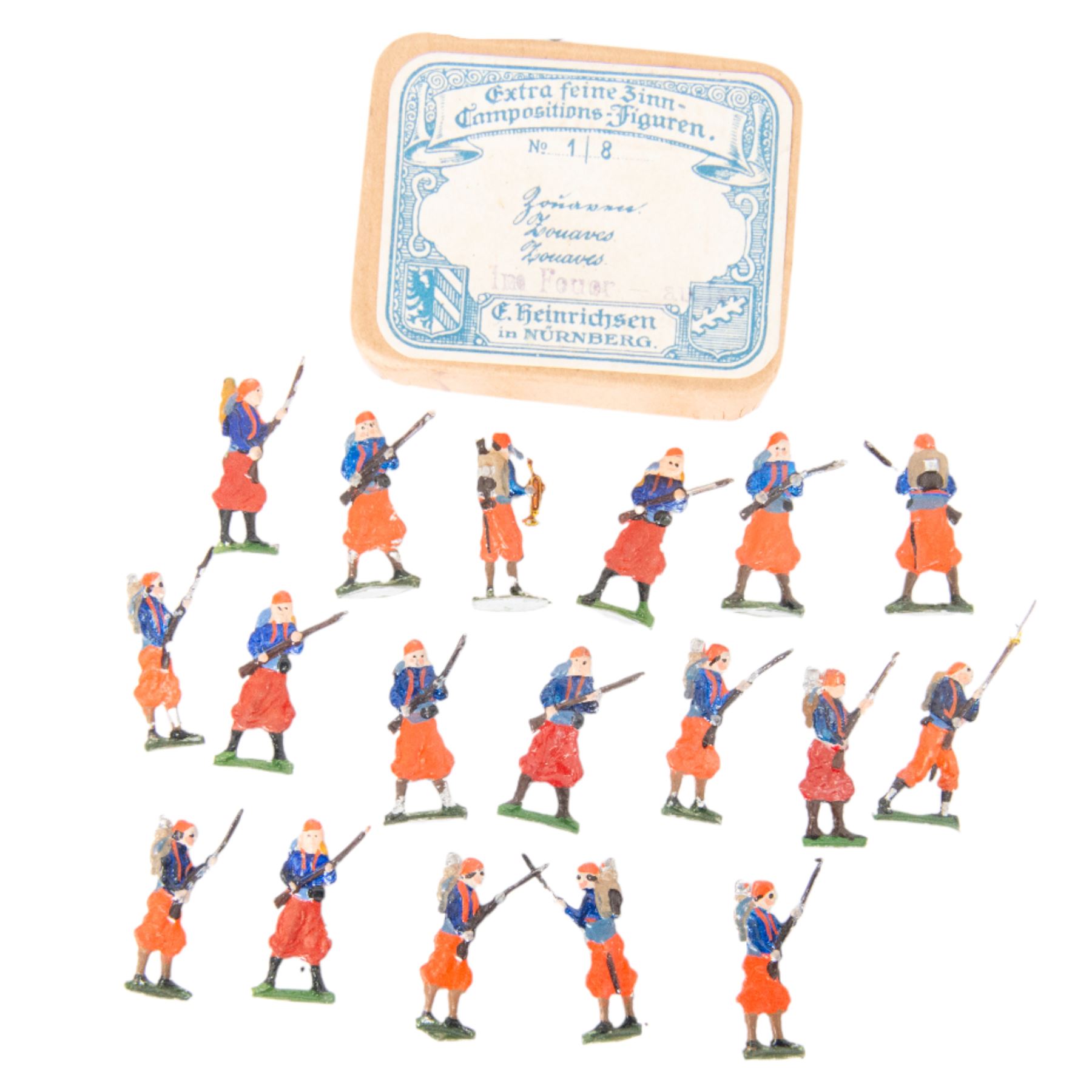 Henrichsen Zinnfiguren flats, circa 1912, flat pewter figures polychrome painted as WWI German Jagaer troops, Telegraph troops, French Zouaves, Jagaers firing and French Artillery
