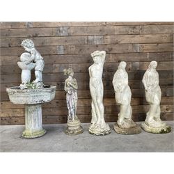 Four cast stone maiden figures, small bird bath and planter