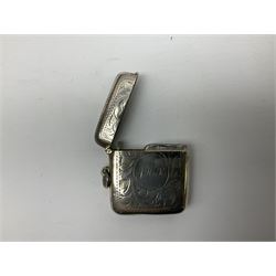 1920's century silver toped cut glass dressing table jar, hallmarked London 1921, together with a Victorian silver thimble, hallmarked Birmingham 1898, and a silver plated vesta case, (3)