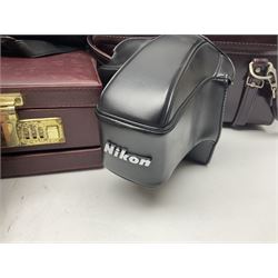 Collection of leather camera cases, to include Nikon ever ready cases and two larger cases, together with Gossen Sixticolor light meter, in box and other camera equipment 
