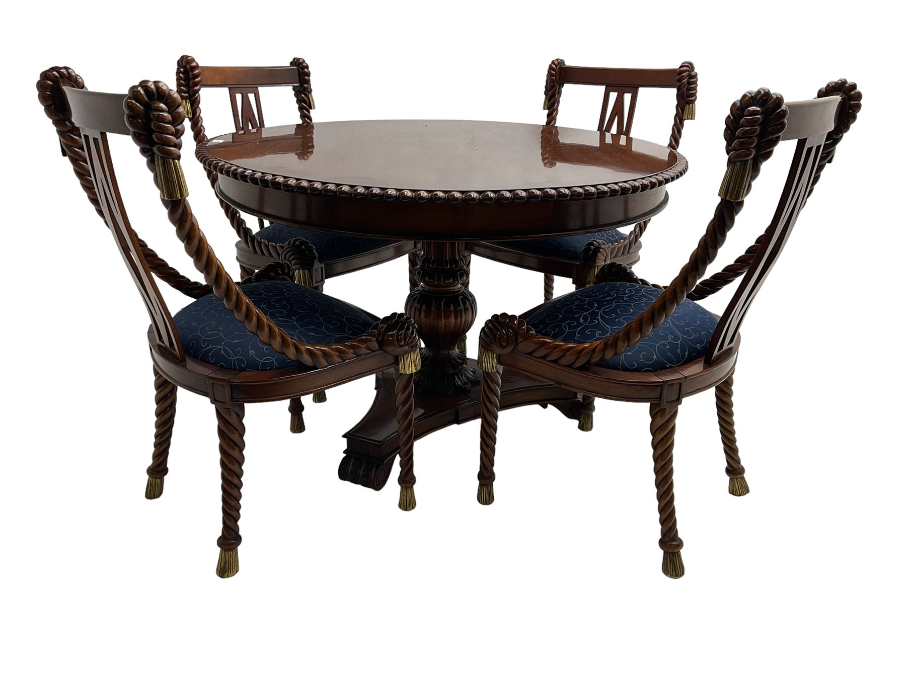 Regency style dining set - the table with circular tilt-top on turned and carved column, concaved triangular platform with three scroll carved feet, together with set four rope twist dining chairs with upholstered drop in seats