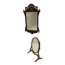 Georgian style fretwork wall mirror carved with Ho Ho bird (75cm x 45cm), and an oval dressing table mirror 