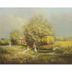 Edward 'Ted' Dyer (British 1940-): Children Playing by the River, oil on canvas signed 39cm x 49cm