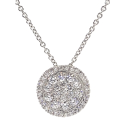  18ct white gold diamond cluster circular pendant necklace, stamped 750   