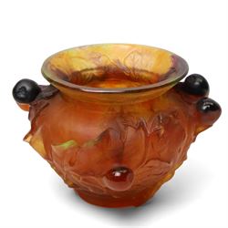Daum pate de verre bowl, decorated with figs and lizards in relief, incised Daum France to...