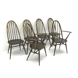 Set of six (4+2) Ercol high hoop back dining chairs, spindle back, turned supports, W61cm