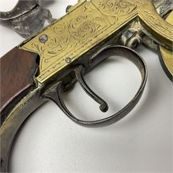 19th Century percussion eprouvette or gunpowder tester, with foliate engraved brass box lock and calibrated ratcheted wheel, steel trigger guard and walnut bag butt, L14cm