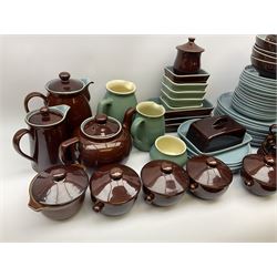 Denby dinner and tea wares, comprising largely Homestead pattern, to include dinner plates, salad plates, serving plates and dishes, bowls, teapot, coffee pot, hot water pot, teacups, saucers, milk jug, etc. 