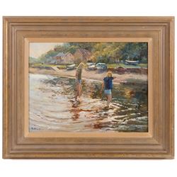 Michelle Saunders (British 1936-): Paddling in the Sunshine, oil on canvas signed 26cm x 34cm 