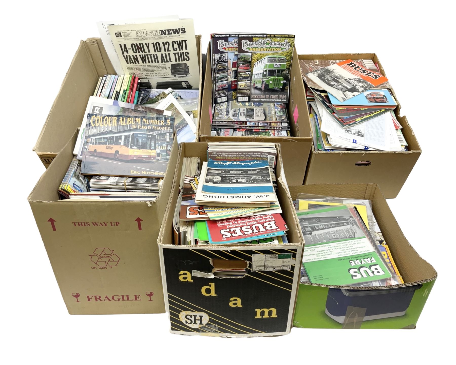 Collection of bus related magazines dating from the 1960s and later, to include Buses Illustrated Magazine, by Ian Allen, Bus & Coach Preservation magazine, Bus Fayre magazine, together with books relating to trans, railway interest etc in six boxes