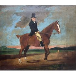English Naive School (Early 19th century): Portrait of Regency Gentleman in Hunting Attire Mounted on a Chestnut Gelding, oil on canvas unsigned 57cm x 66cm