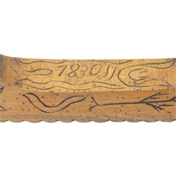 19th century treen mangle board, incised date 1830, decorated with various foliage, W70cm 