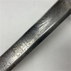 Late 18th century sword, the Spanish 79.5cm curving fullered blade engraved with the Royal Cypher, battle trophies and 'Viva Espania' banner, French Sabre de Mineur brass three-bar hilt with ebonised reeded grip L93.5cm overall (no scabbard)