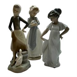 Four Lladro figures, including Market Day no 4502, Girl with Milk Pail no 4682 etc, together with five Nao figures and one other 