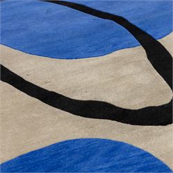 Rugs by Design - ‘Soft Landing’ Nepalese thick pile wool rug, with contemporary abstract design on a taupe ground, decorated with rounded blue forms and a bold black irregular loop motif