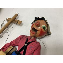 Pelham Puppets - six puppets comprising three string-mouth examples to include SM2 Witch in original box and SM MacBoozle; further examples to include first type Skeleton, SL Bimbo and a unidentified SL type in a blue dress; unboxed (6) 