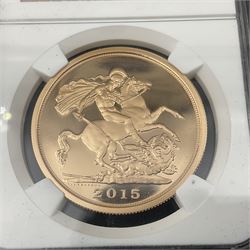 Queen Elizabeth II 2015 gold proof five sovereign coin, encapsulated and graded by NGC 'PF 70 Ultra Cameo one of first 250 struck'