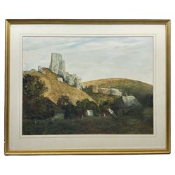 Michael Felmingham (British 1935-): Corfe Castle Dorset, watercolour signed 53cm x 70cm 