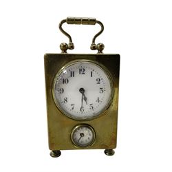 French - petite early 20th century French brass cased travelling alarm clock, with bun feet and carrying handle, circular enamel dial with Arabic numerals and spade hands, conforming alarm setting dial beneath, with a platform escapement, wound and set from the rear.