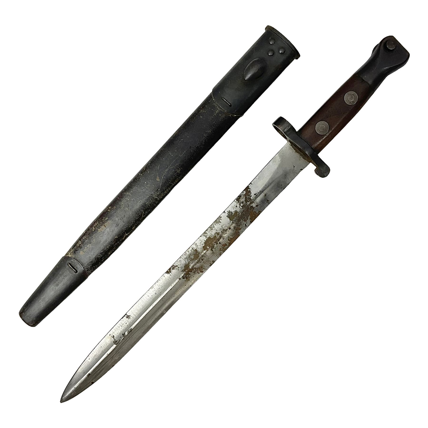 British Pattern 1888 knife bayonet, the 30.5cm double edged blade with raised central medial ridge; in leather covered scabbard L40.5cm overall