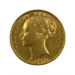 Queen Victoria 1872 gold full sovereign coin, shield back