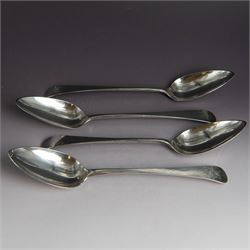 Two pairs of George III Newcastle silver Old English pattern table spoons, each engraved w...