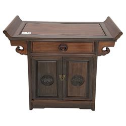 Chinese hardwood altar table, single drawer over double cupboard, two panelled doors carved with Shou motifs 